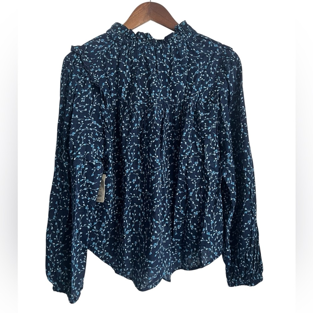 Ana Ruffle Floral Blouse Navy Blue Print Long Sleeves Medium NWT